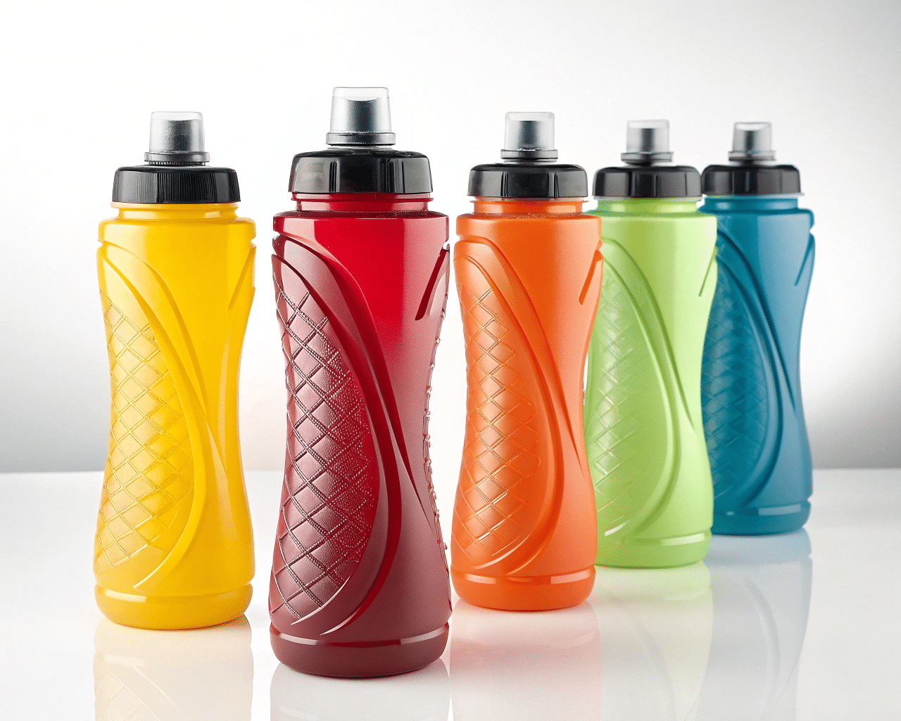 Close-Up On Different Types Of Sports Drink Bottle Caps: Flip-Top, Nozzle, And Screw Cap.