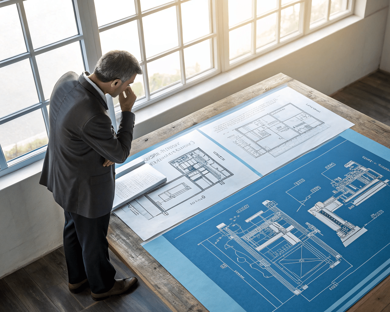 A Founder Looking At Two Blueprints, One Small And Simple, One Large And Complex