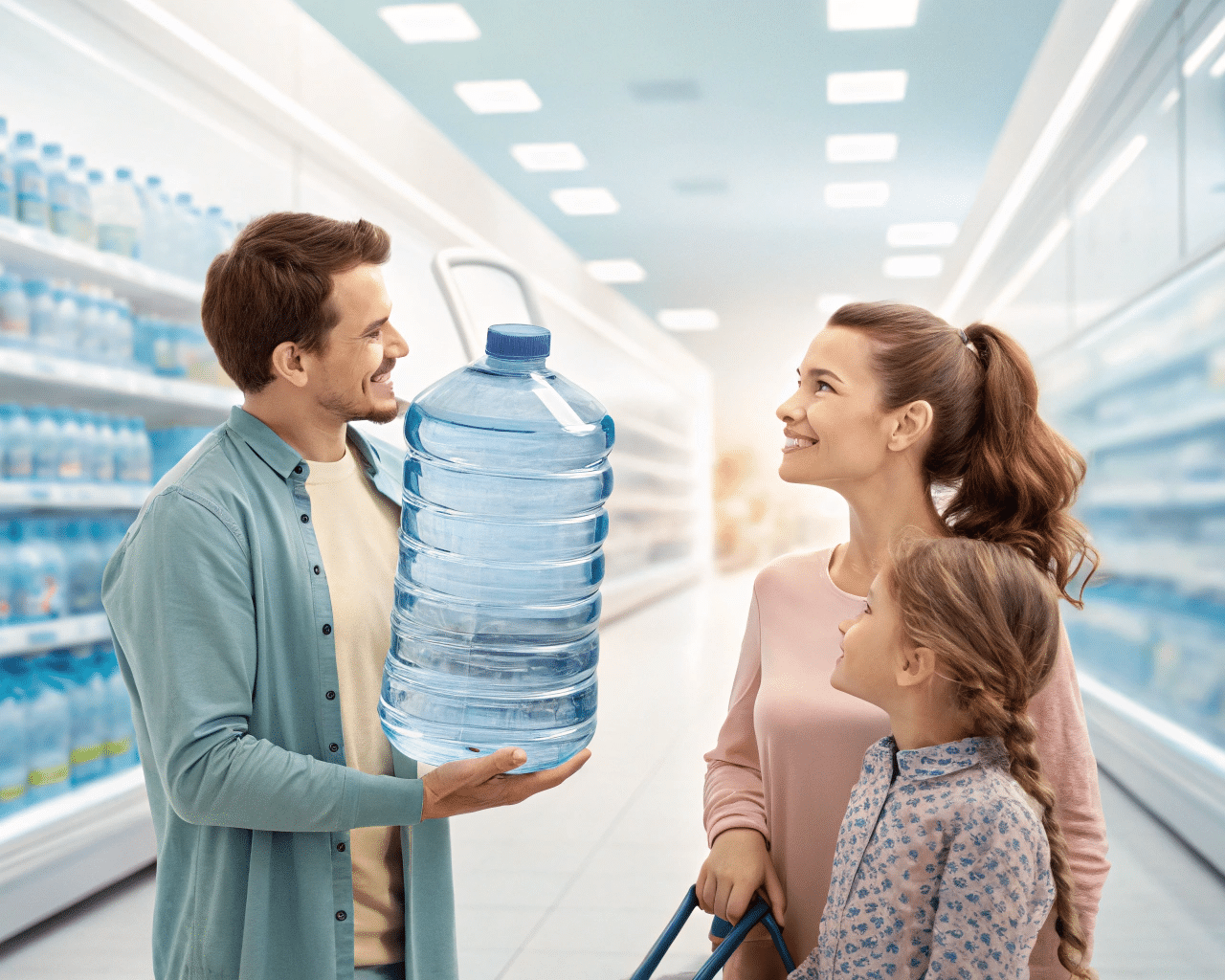 A Family Choosing A Clear, Single-Use 15L Pet Water Bottle In A Supermarket