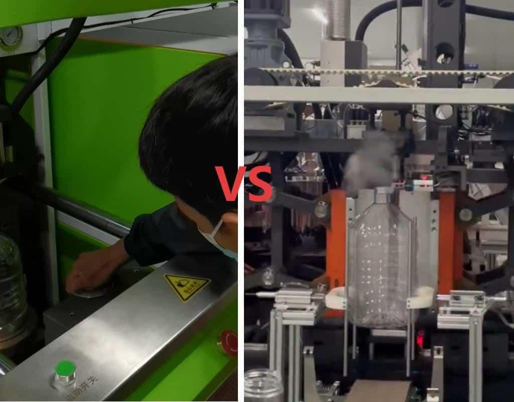 A Split-Screen Image Showing A Single Operator On The Semi-Auto Side And An Automated Conveyor On The Full-Auto Side