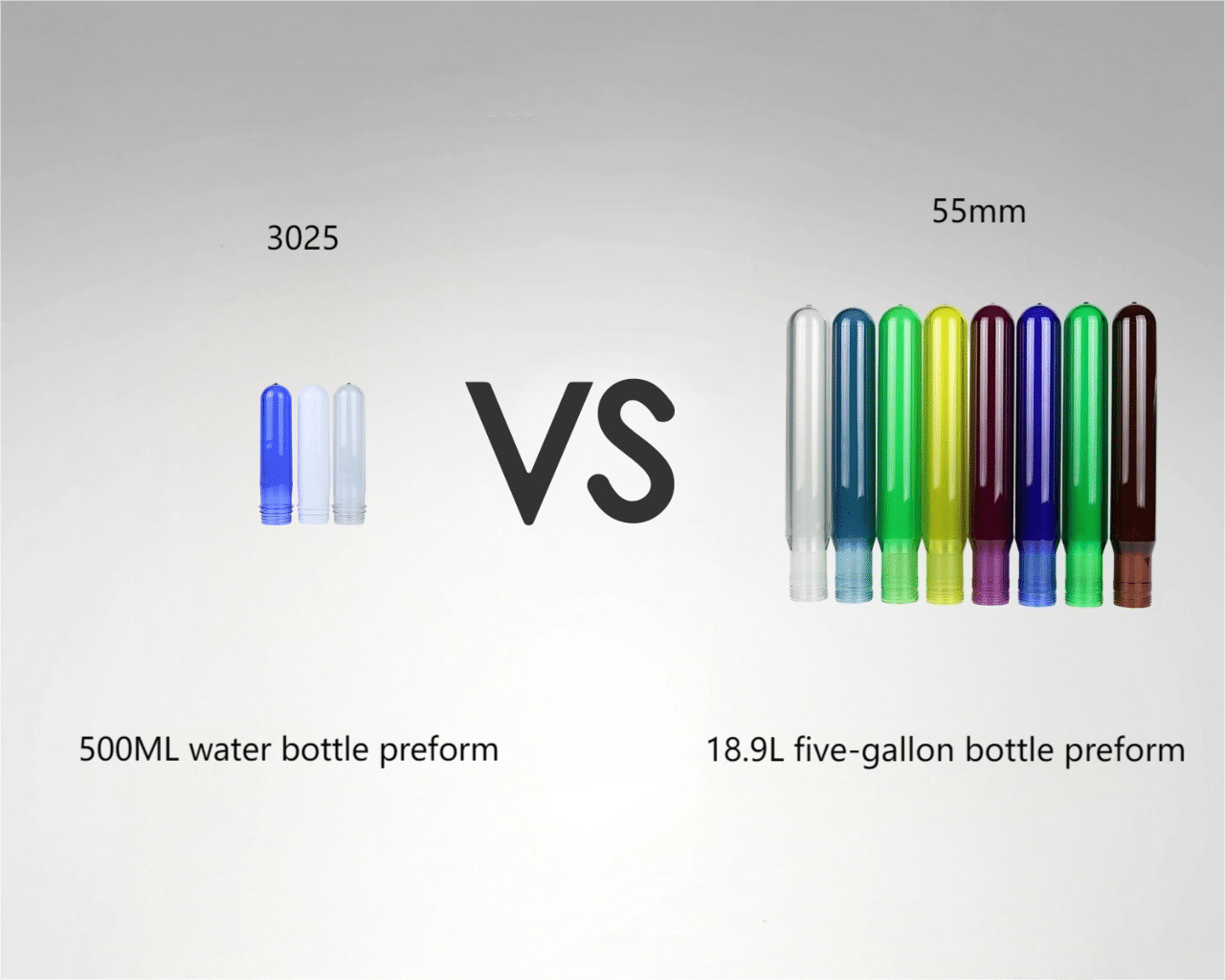A Large, Thick-Walled Preform For A 5-Gallon Bottle Next To A Standard Small Bottle Preform