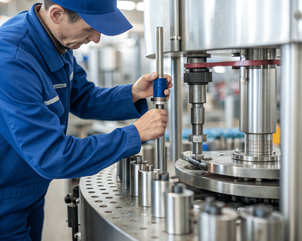 A Technician Making Adjustments To A Bottling Line Machine