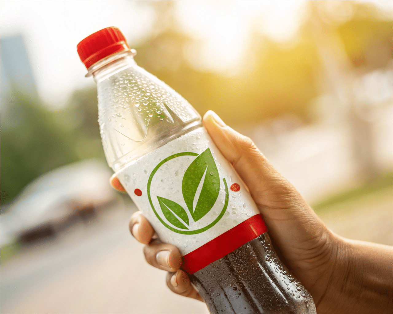 A Bottle With A Green Leaf Logo On It, Held In Someone'S Hands