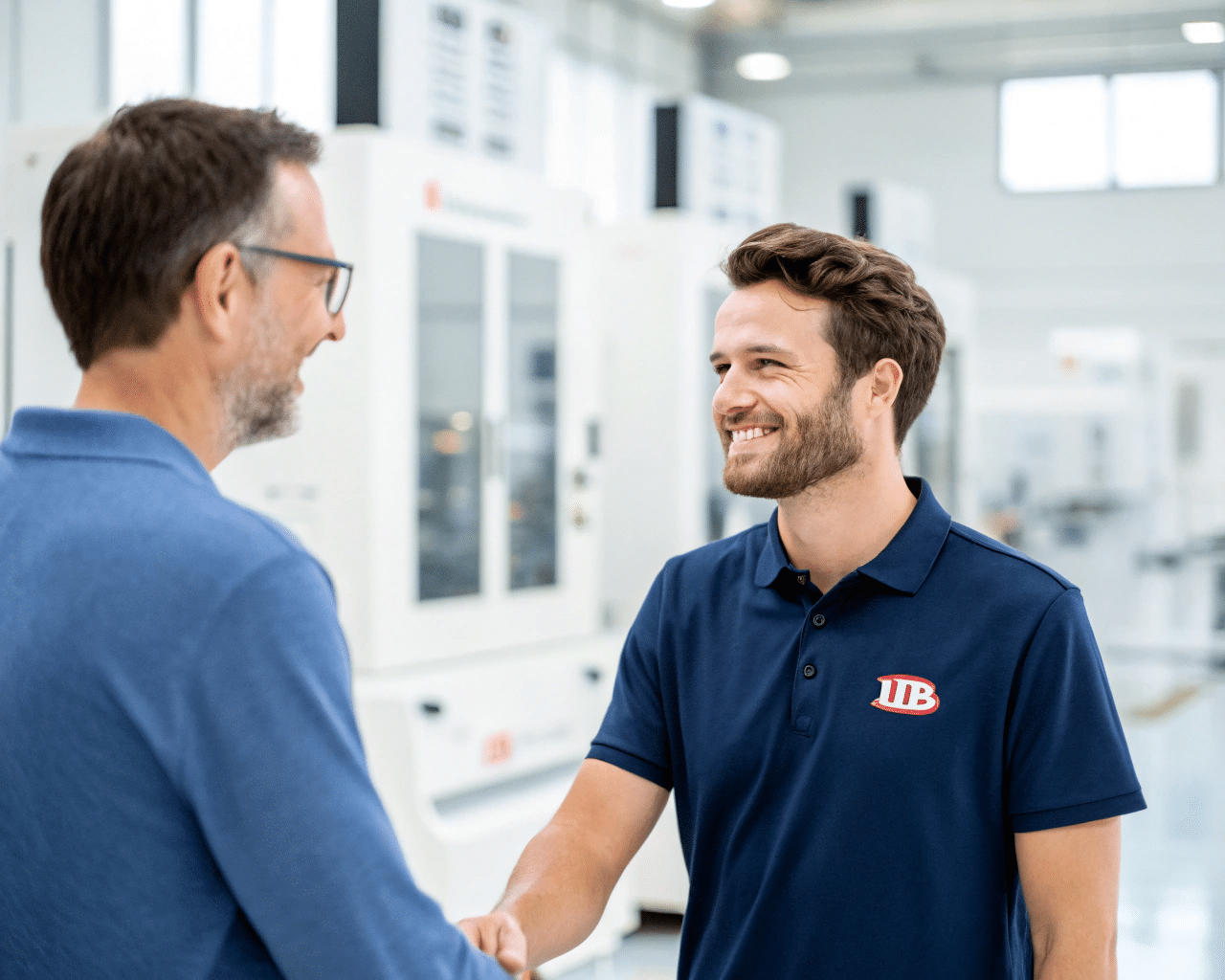 A Friendly Engineer From Ibottler Shaking Hands With A Client In A Factory Setting