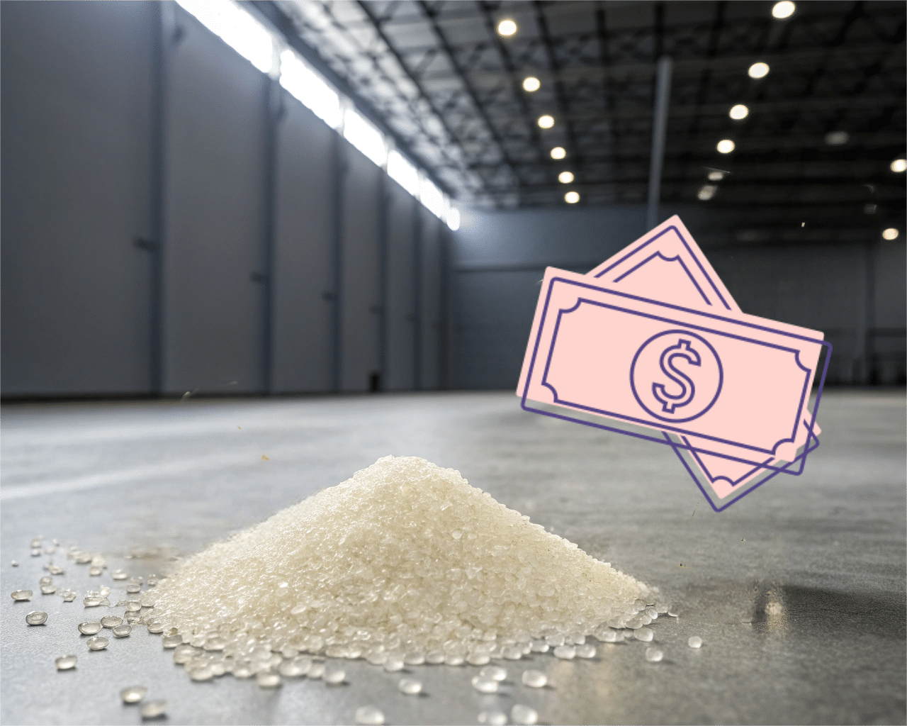 A Stack Of Coins Next To A Pile Of Pet Resin Pellets, Symbolizing Cost Savings
