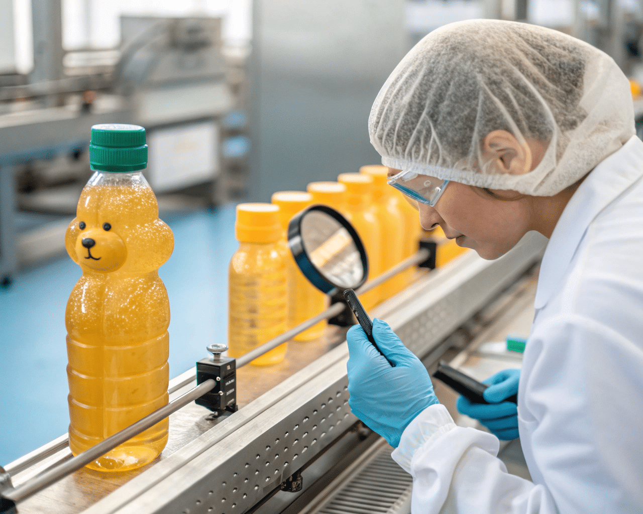 Quality Control Inspector Examining A Pet Bottle With A Magnifying Glass