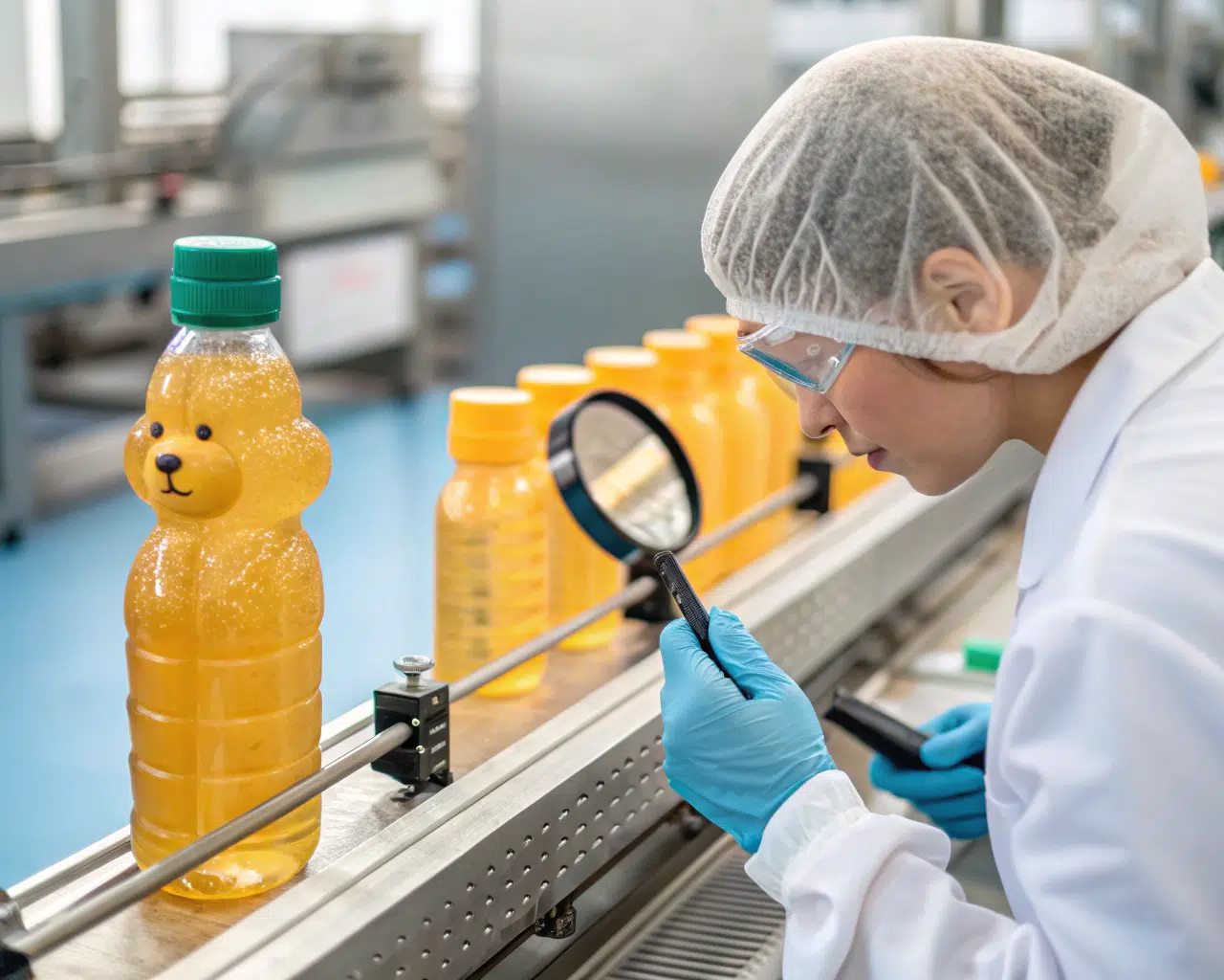 Quality Control Inspector Examining A Pet Bottle With A Magnifying Glass