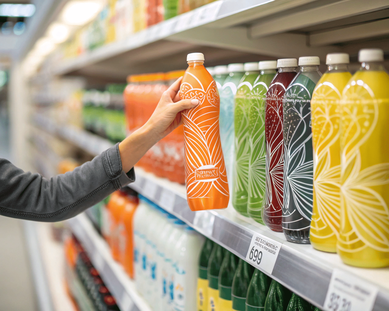 A Consumer'S Hand Choosing A Uniquely Shaped Juice Bottle From A Supermarket Shelf