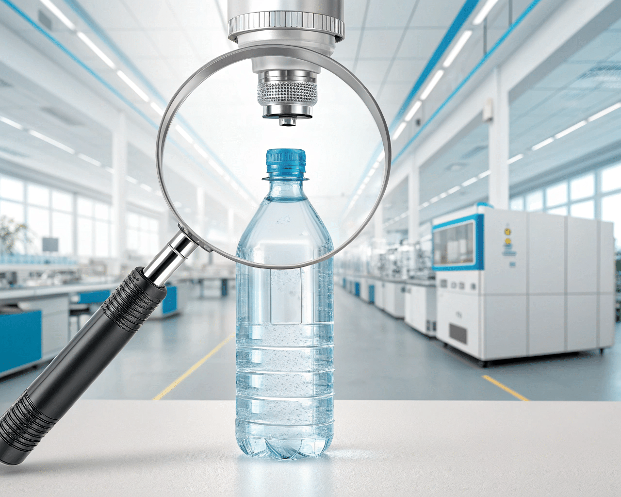 A Perfect, Clear Plastic Bottle Being Inspected With A Magnifying Glass.