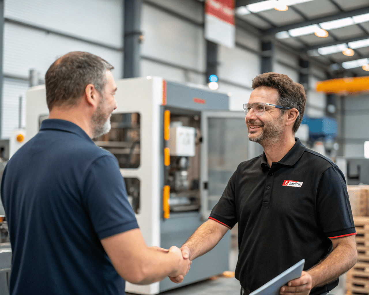 A Factory Manager Confidently Shaking Hands With A New, Different Mold Supplier.