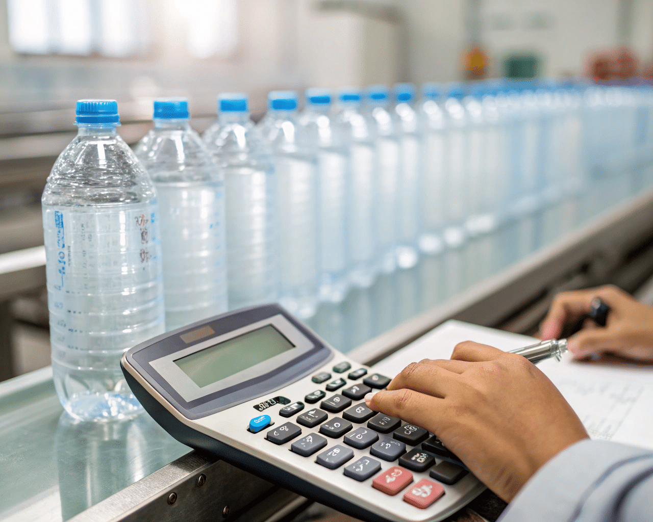 A Close-Up Of A Calculator With Pet Bottles In The Background, Symbolizing Bottle Cost Calculation.