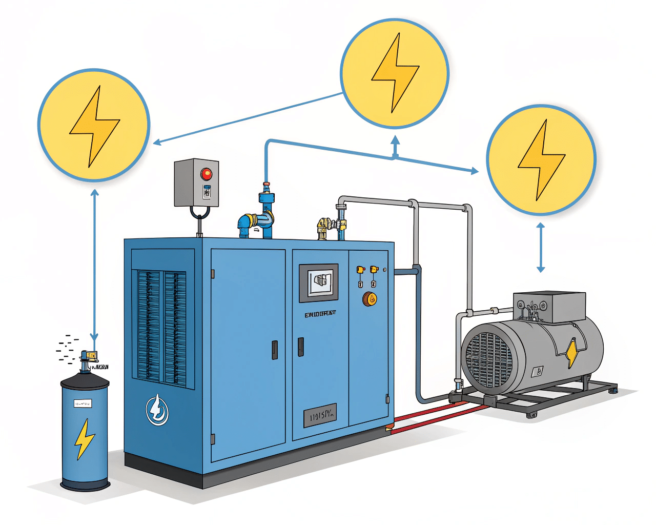 An Illustration Showing A Blow Molder Connected To A Larger Air Compressor And Chiller, With Electricity Bolts Pointing To The Auxiliaries.