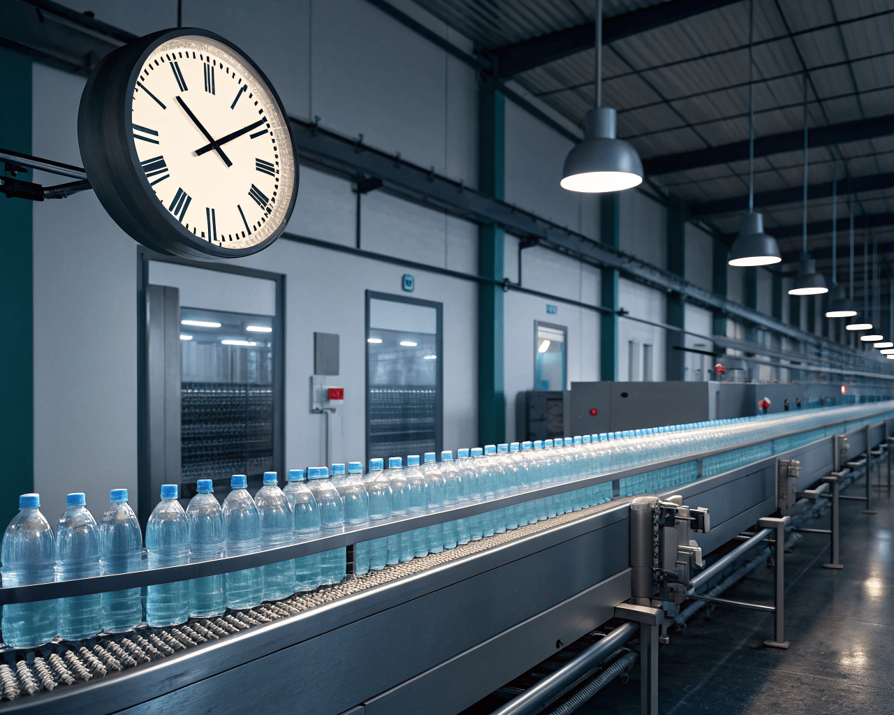 A Factory Floor With A Silent, Stopped Production Line And A Clock Ticking In The Foreground.