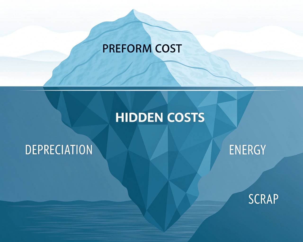 An Iceberg With The Visible Tip Labeled &Quot;Preform Cost&Quot; And The Massive Underwater Part Labeled &Quot;Hidden Costs.&Quot;