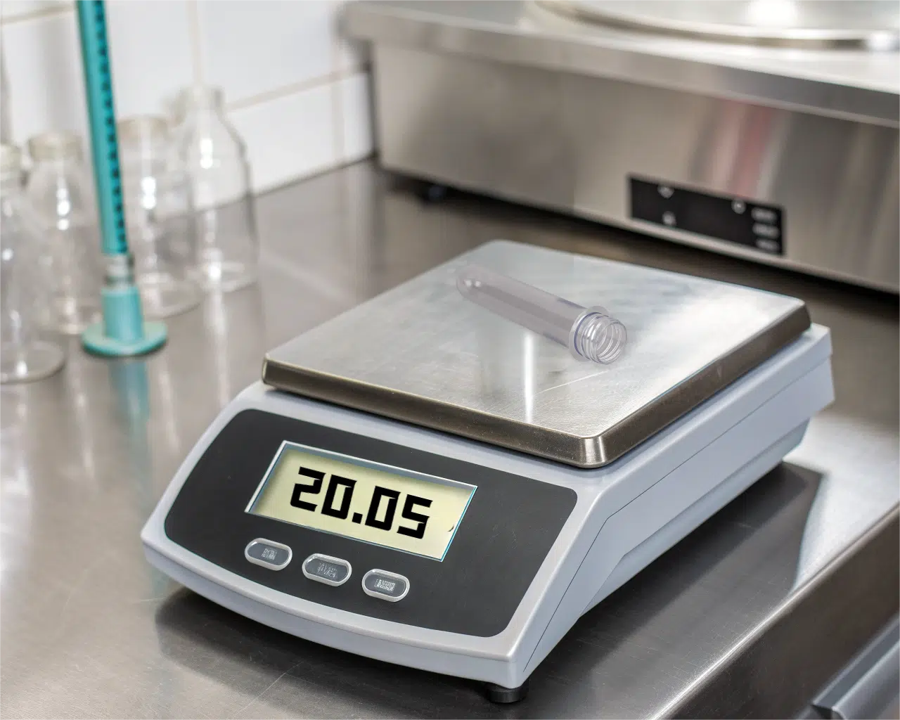 A Pet Preform Being Weighed On A High-Precision Digital Scale Showing A Specific Gram Weight.