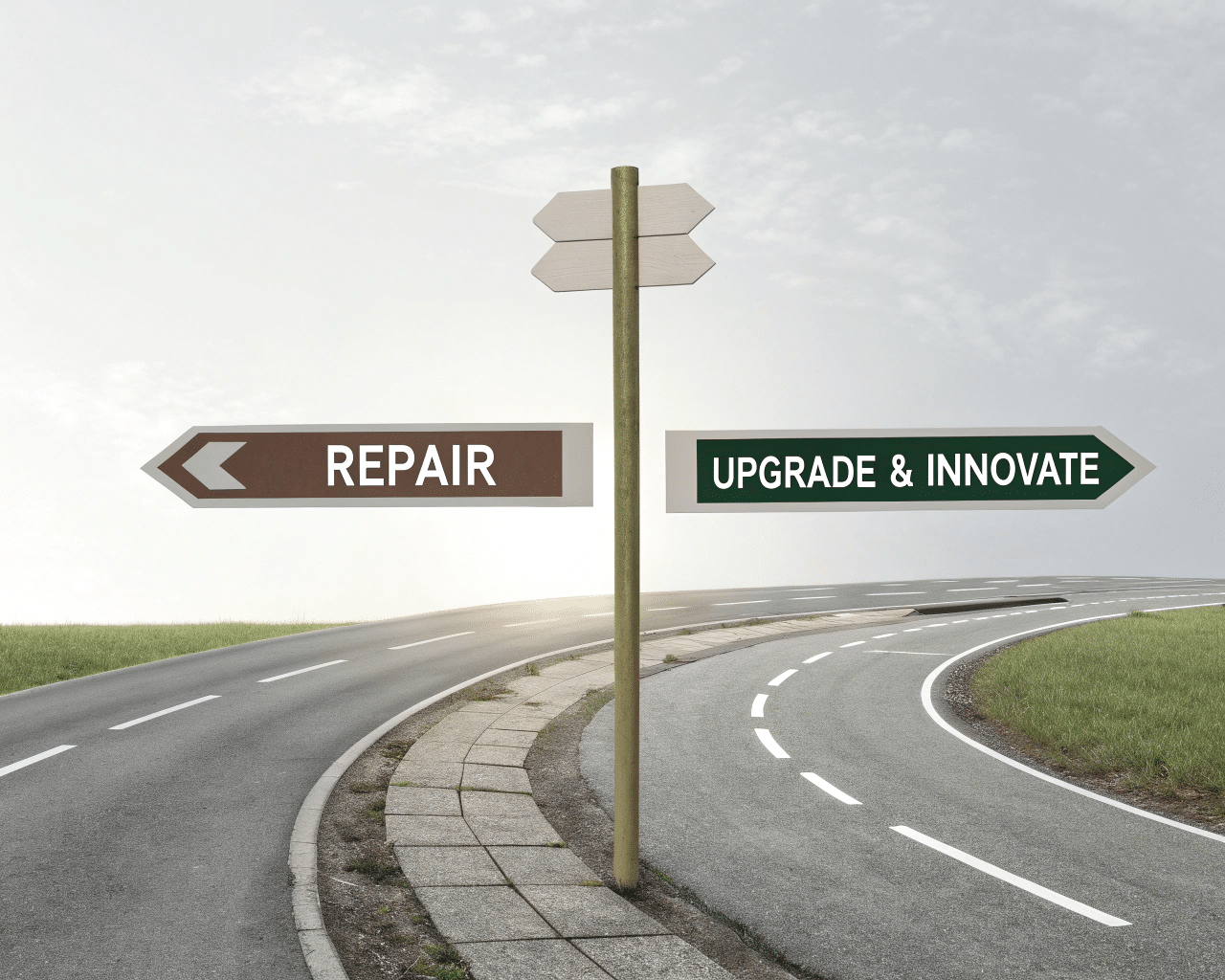 A Crossroads Sign With One Arrow Pointing To &Quot;Repair&Quot; And The Other To &Quot;Upgrade &Amp; Future Products&Quot;