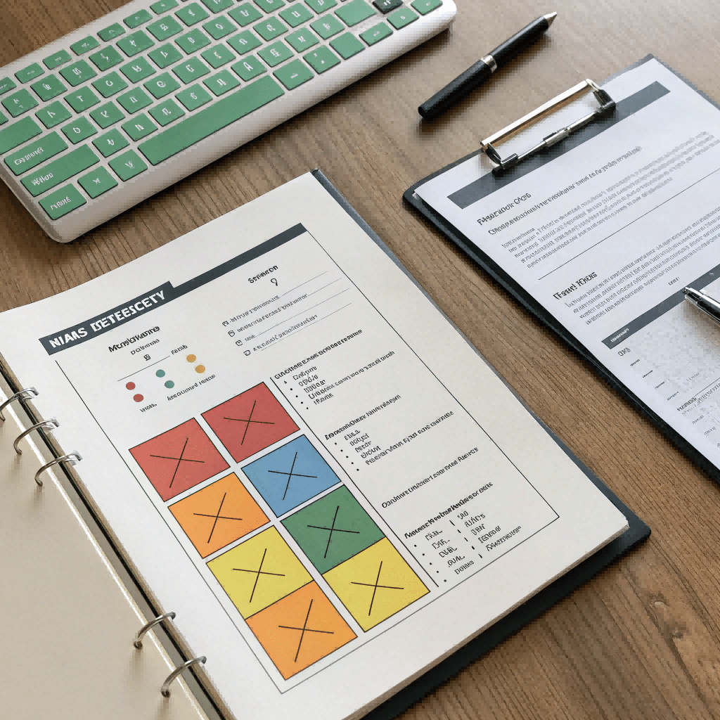 A Checklist On A Clipboard Next To A Simple 2X2 Risk Matrix