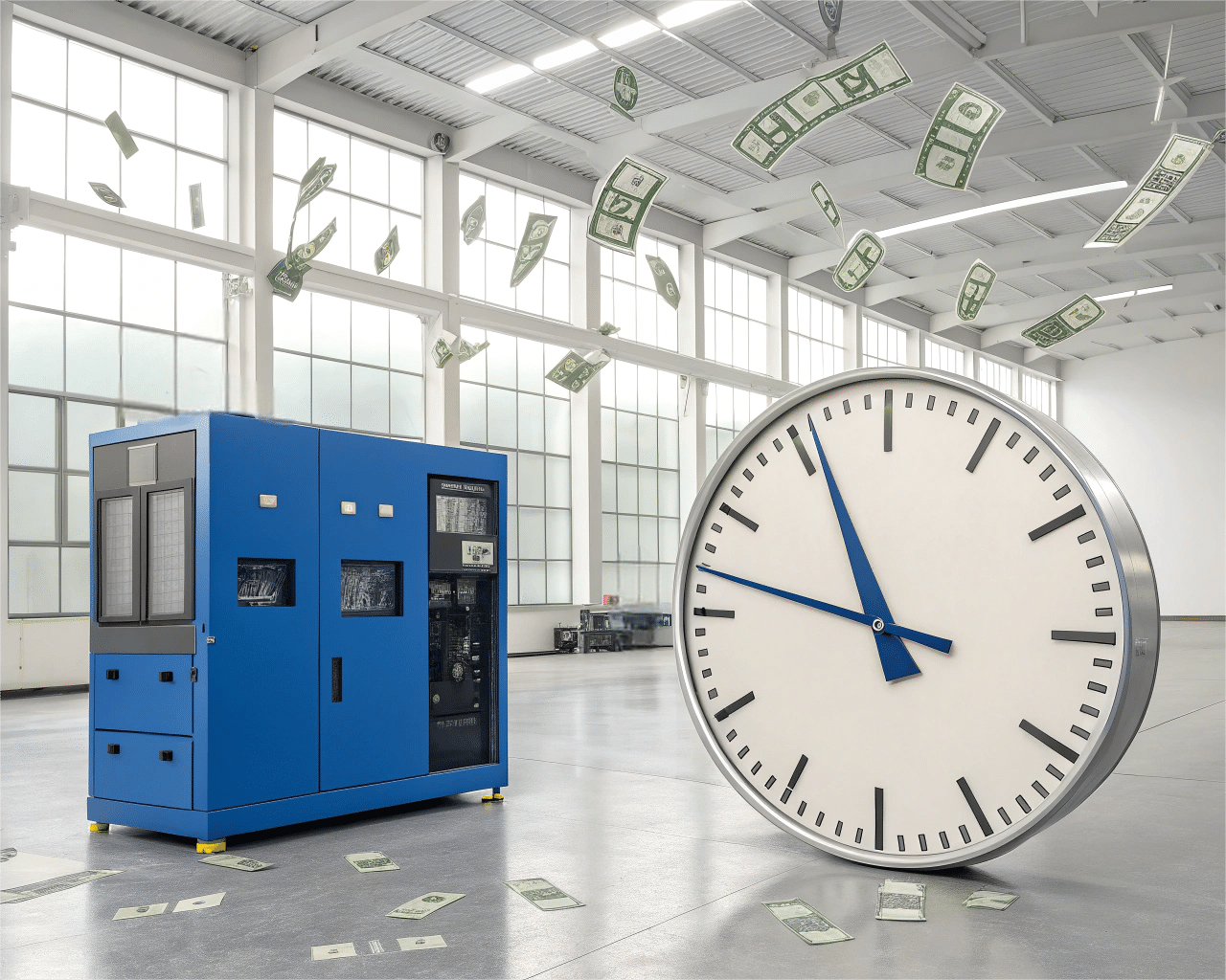 A Clock With Money Flying Out Of It, Superimposed Over A Silent Factory