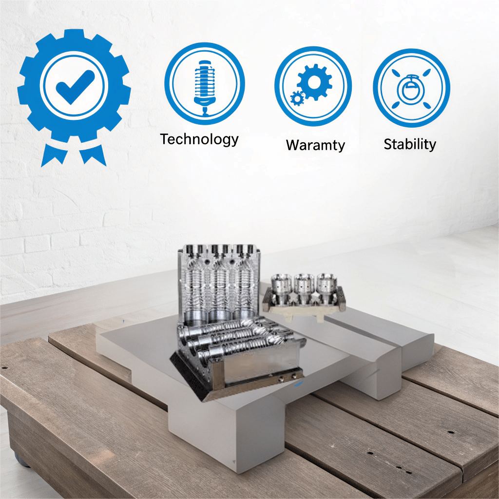 A Shiny New Blow Mold With Icons Representing Technology, Warranty, And Stability Floating Around It