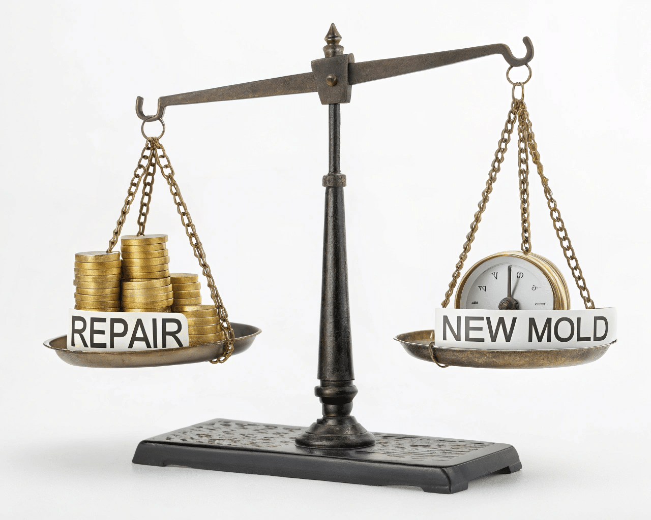 A Scale Balancing A Small Pile Of Coins (Repair) And A Larger Pile Of Coins With A Clock (New Mold)