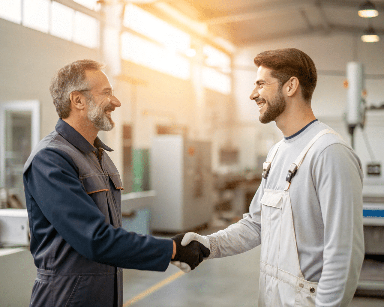 A Handshake Between A Client And A Mold-Making Expert In A Clean Workshop Environment.