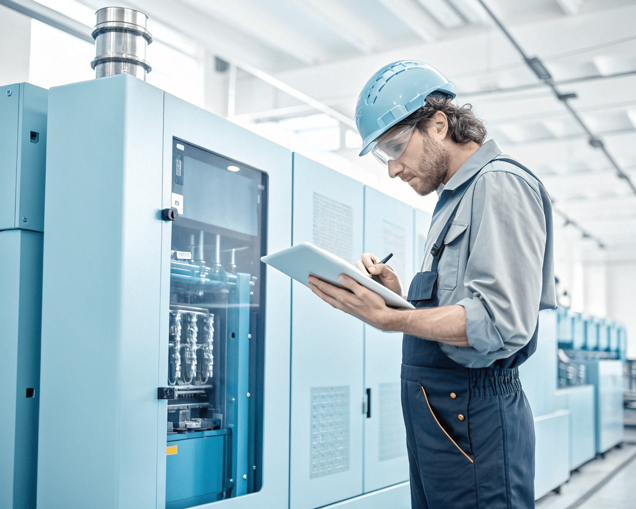 Engineer Analyzing Blow Molding Machine Specifications For An Upgrade