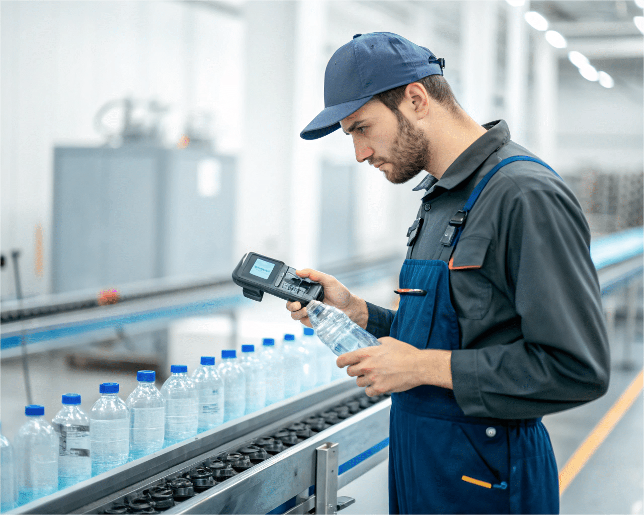 An Operator On The Factory Floor Carefully Measuring A Pet Bottle With Digital Calipers And Recording The Result On A Checklist.