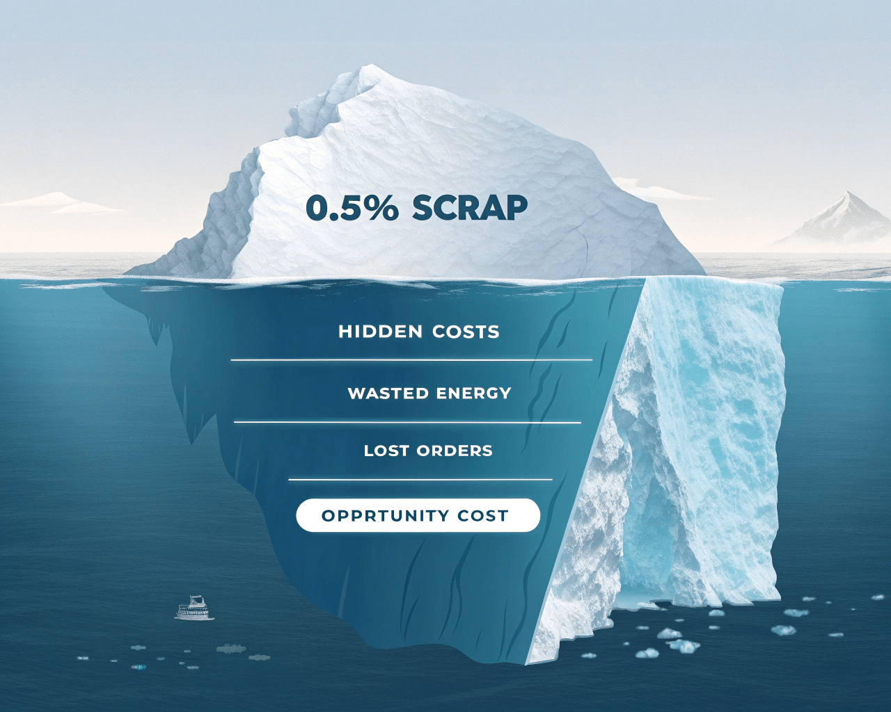 An Iceberg With The Tip Labeled '0.5% Scrap' And The Massive Submerged Part Labeled 'Hidden Costs'.