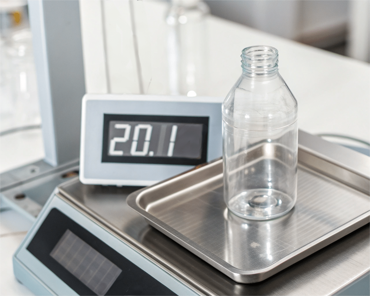 A High-Precision Digital Scale Showing A Pet Preform With A Reading Of 20.1G, Highlighting The Importance Of Weight.