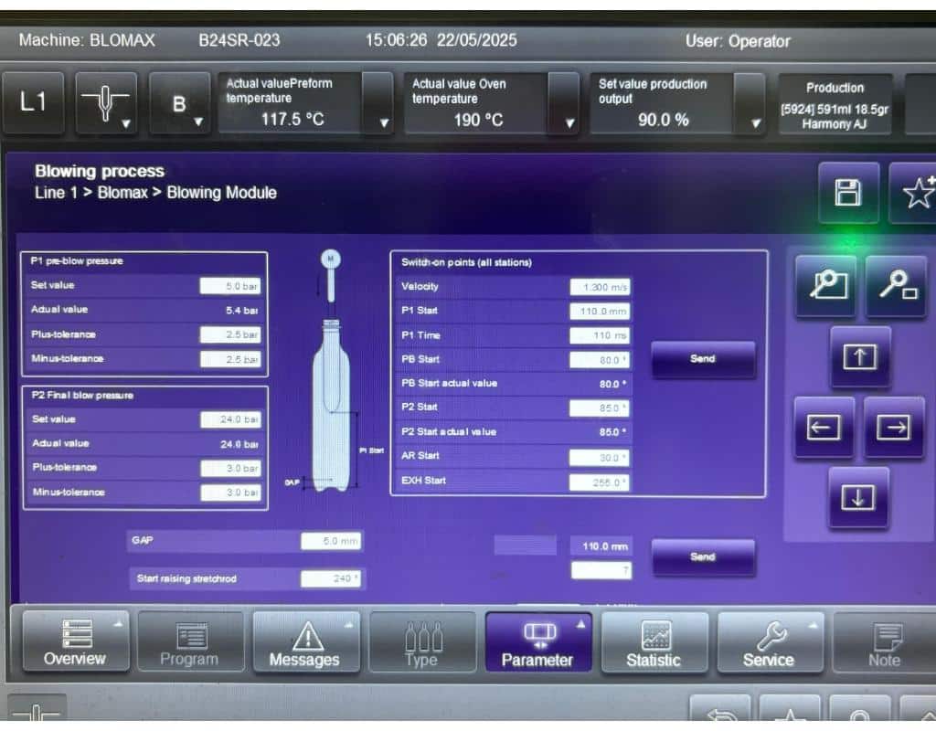 A Close-Up Of A Blow Molding Machine'S Control Panel Showing Adjustments Being Made To The Heating Lamp Percentages.