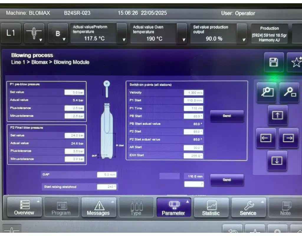 A Close-Up Of A Blow Molding Machine'S Control Panel Showing Adjustments Being Made To The Heating Lamp Percentages.