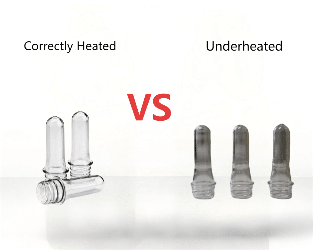 A Side-By-Side Comparison Of A Clear Bottle And A Pearlescent, Underheated Bottle