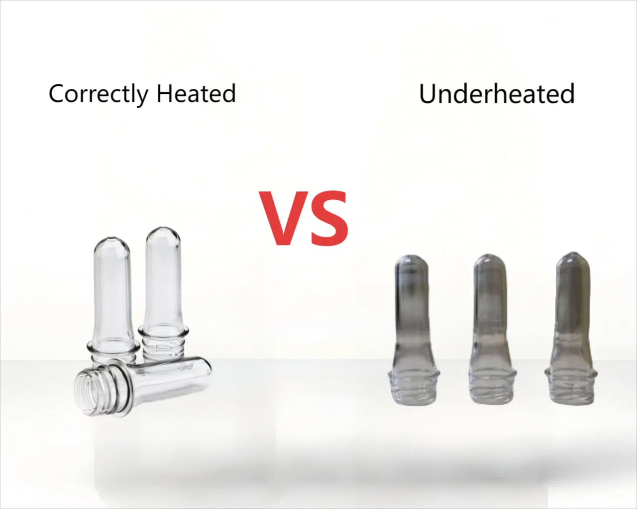 A Side-By-Side Comparison Of A Clear Bottle And A Pearlescent, Underheated Bottle