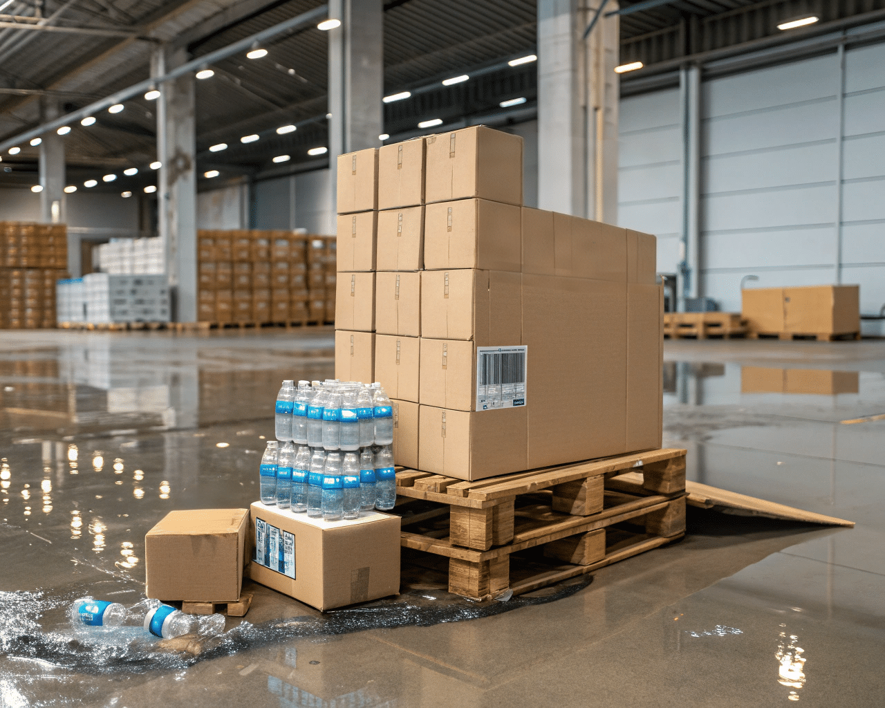 A Pallet Of Damaged Goods In A Warehouse, With Leaking Bottles And Wet Boxes.