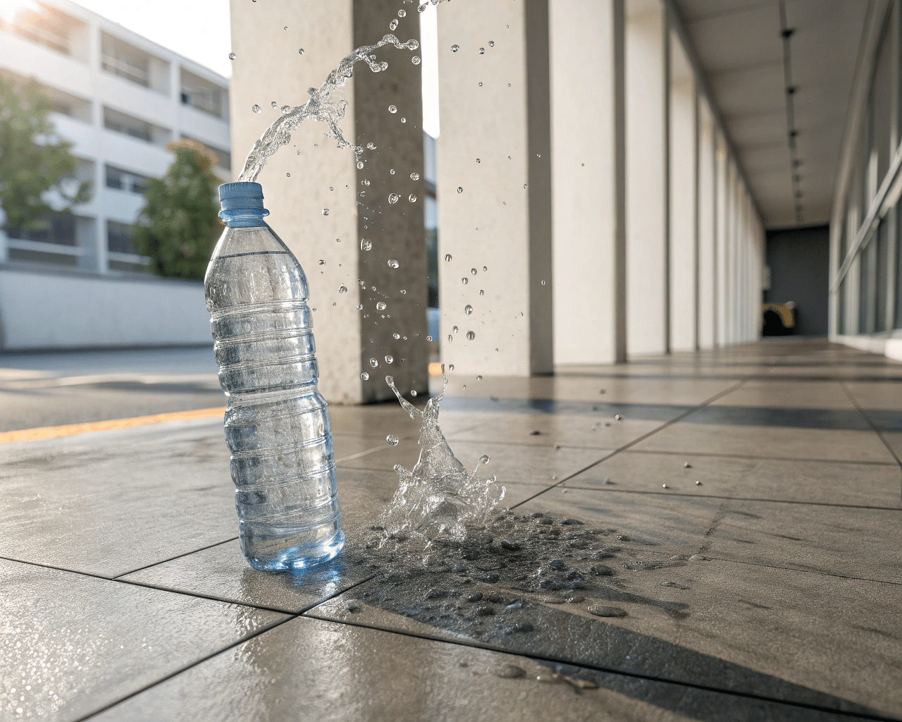 A Pet Bottle That Has Cracked Upon Impact After A Drop Test, With Liquid Spilling Out.