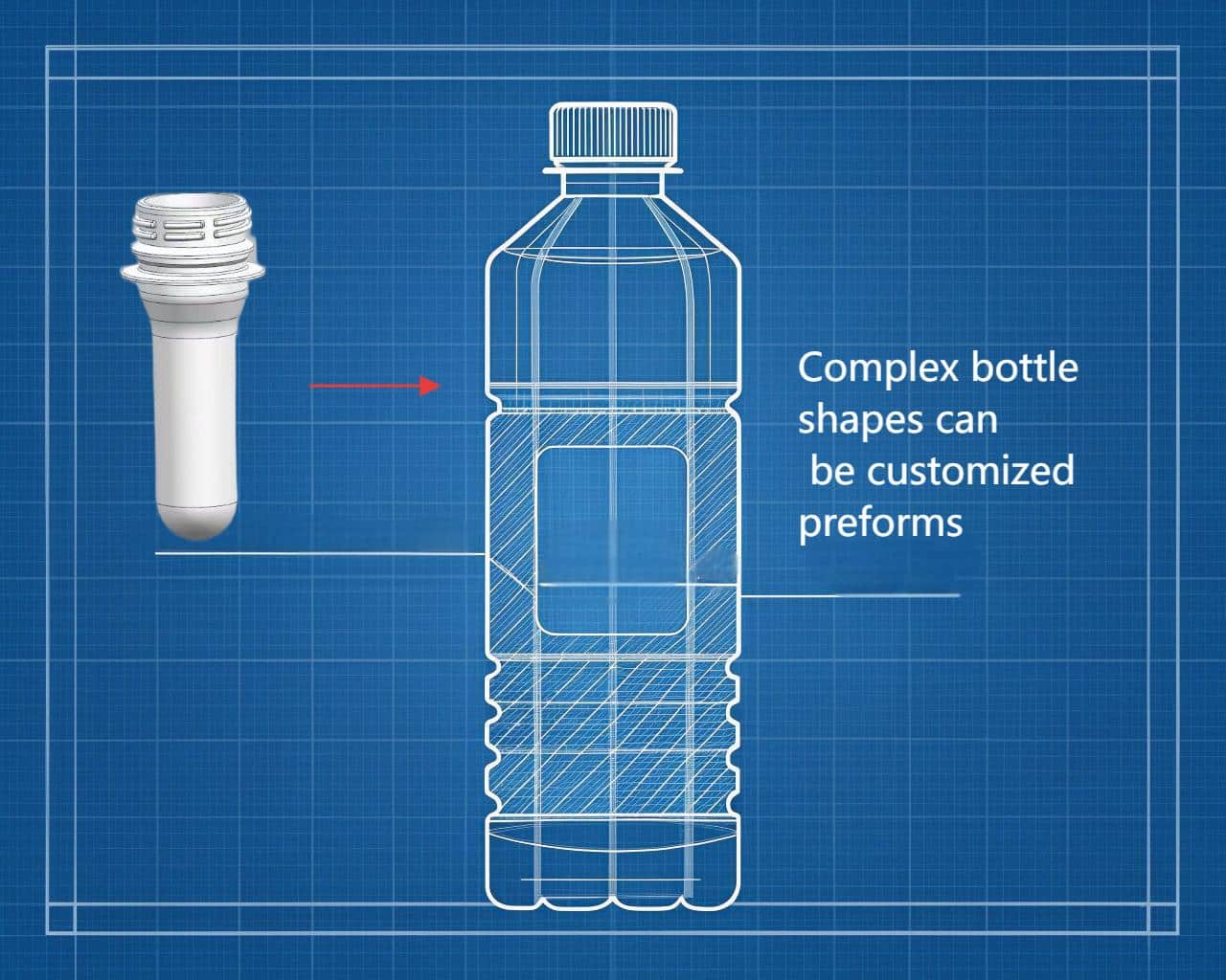 A Bottle With A Complex, Detailed Shoulder Design Next To A Standard Preform