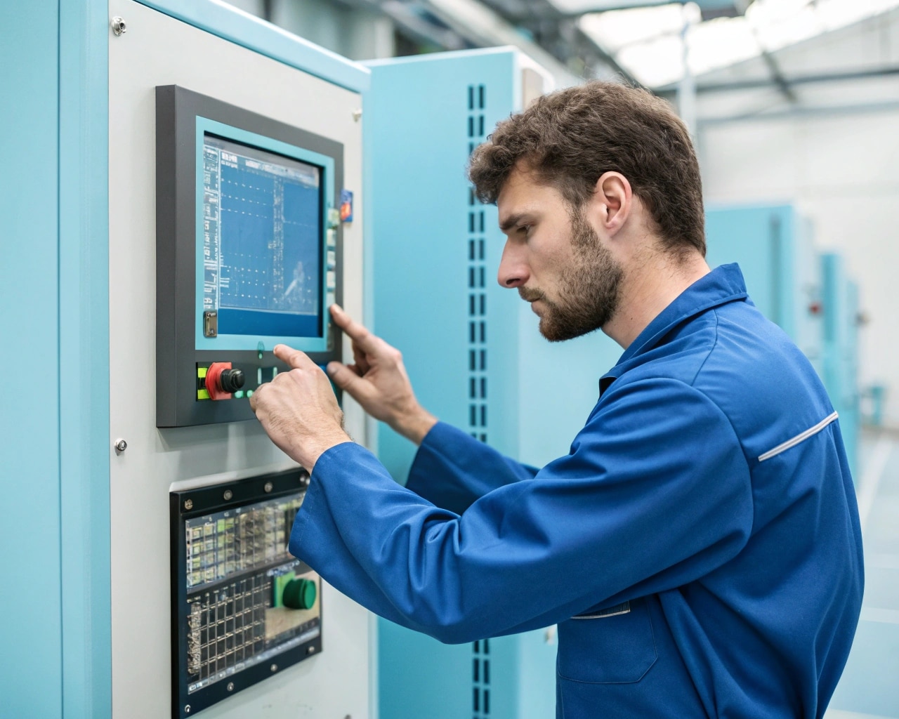 A Person Looking Confused At The Complex Control Panel Of A Blow Molding Machine