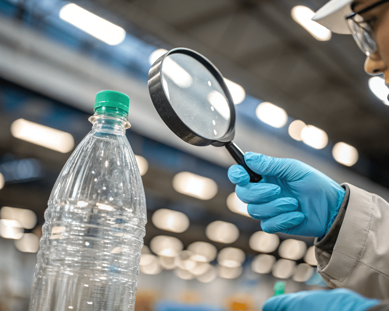 A Magnifying Glass Inspecting A Pet Bottle For Flaws