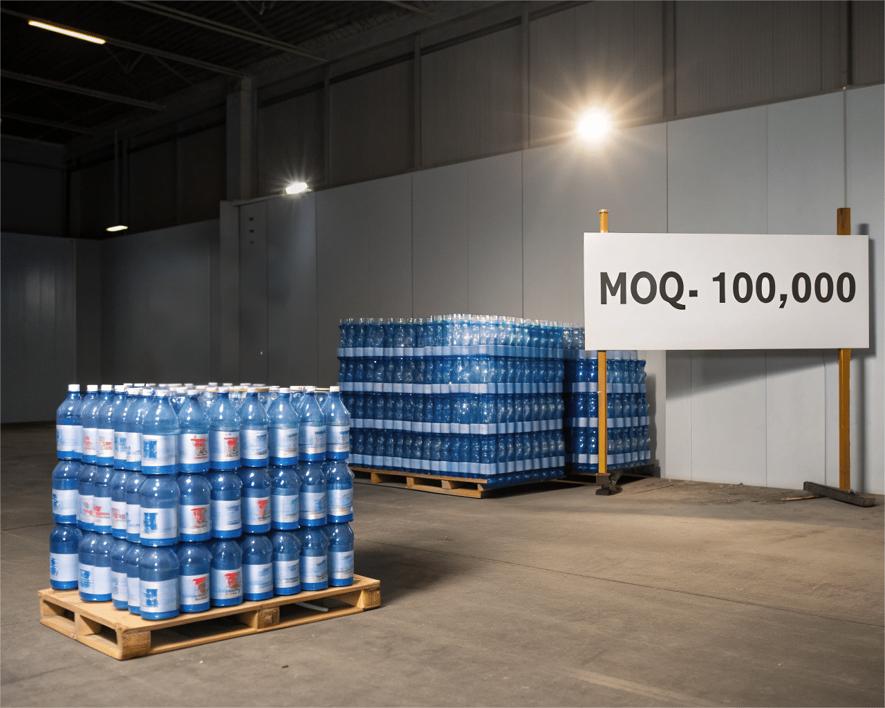 A Small Pile Of Bottles With A &Quot;Test&Quot; Label Next To A Huge Mountain Of Bottles With A &Quot;Moq&Quot; Sign