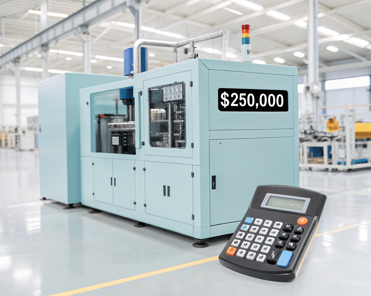 A Calculator Showing A Large Number Next To A Blow Molding Machine