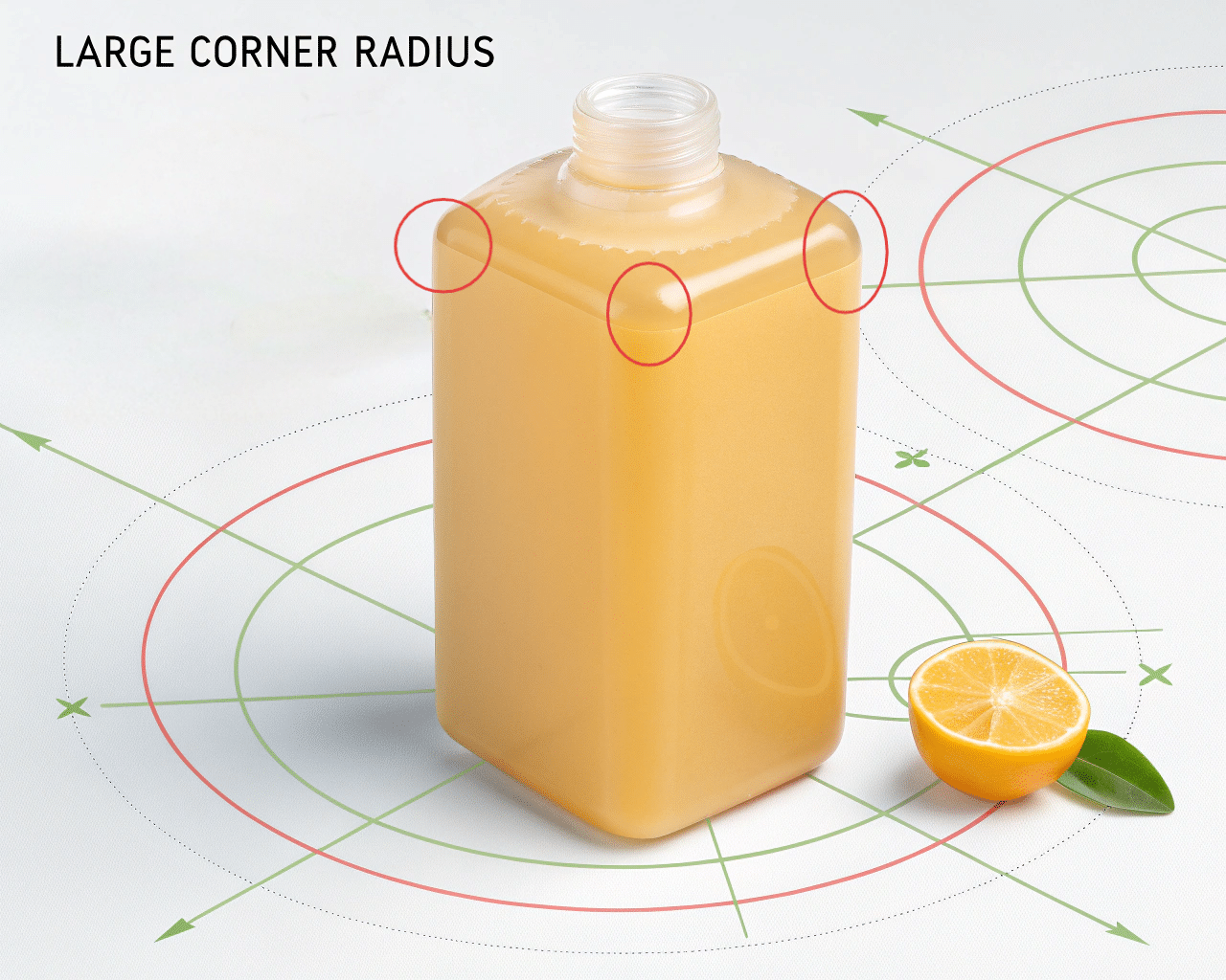An Image Of A &Quot;Square&Quot; Bottle, With Callouts Showing The Large Radii On Its Corners And Base