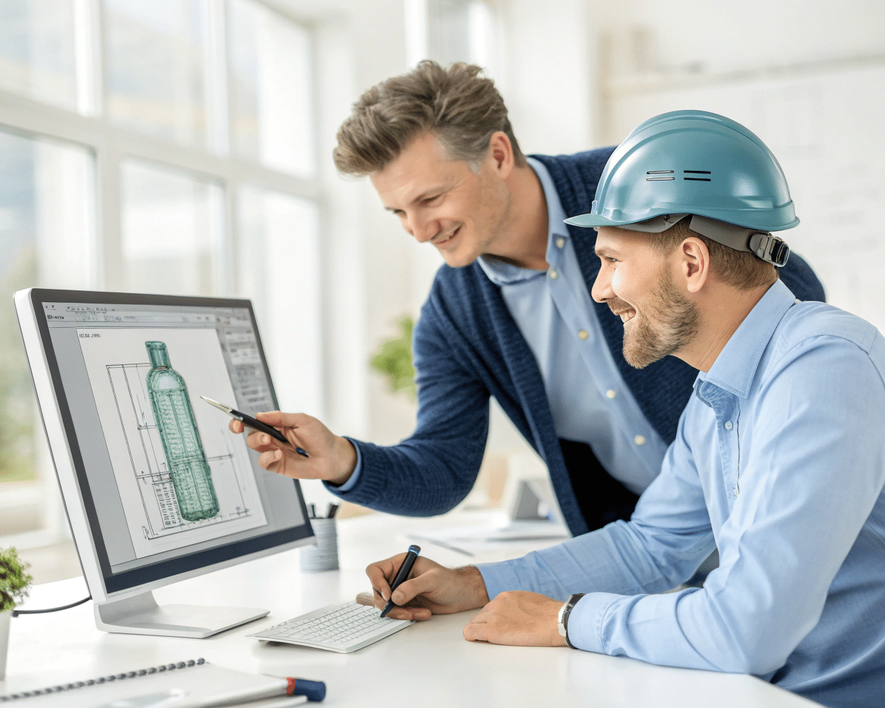 An Image Of A Designer And An Engineer Collaborating Over A 3D Model On A Computer