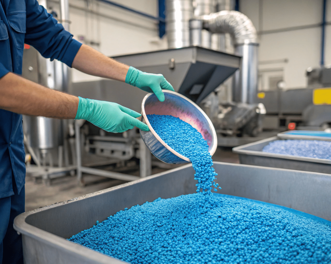 A Technician Adding Color Masterbatch Pellets To A Hopper Of Natural Pet Resin.