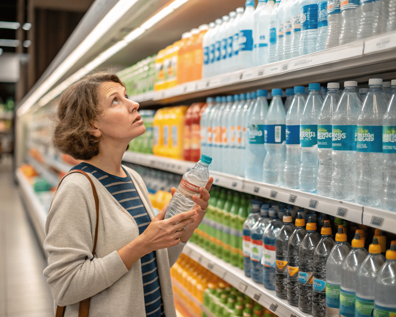 A Consumer In A Supermarket Looking Skeptically At A Product In A Hazy Bottle.