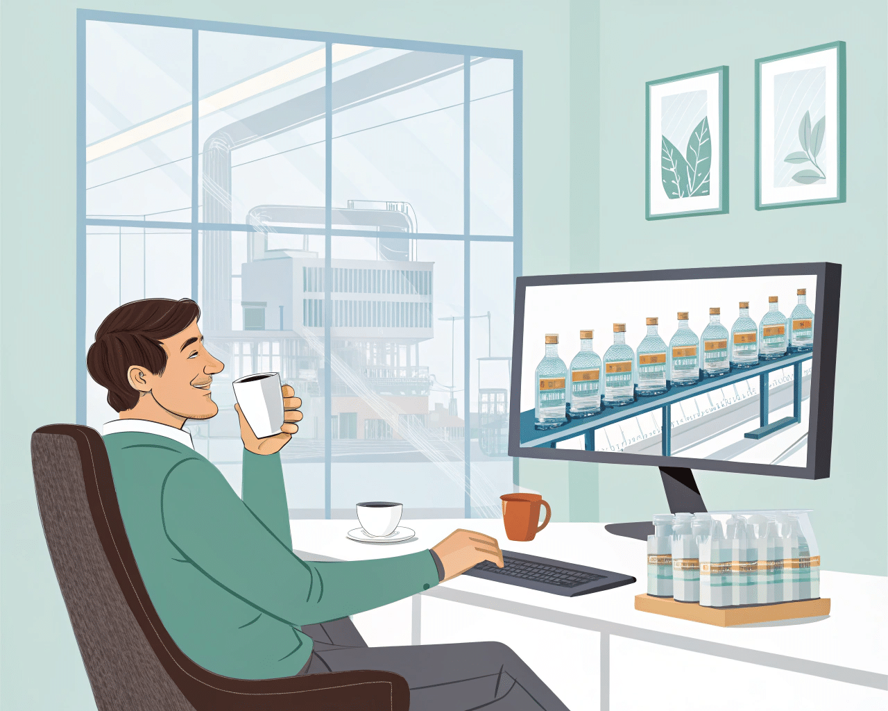 A Business Owner Relaxing With A Cup Of Coffee, Looking At A Smoothly Running, Automated Production Line On A Screen.