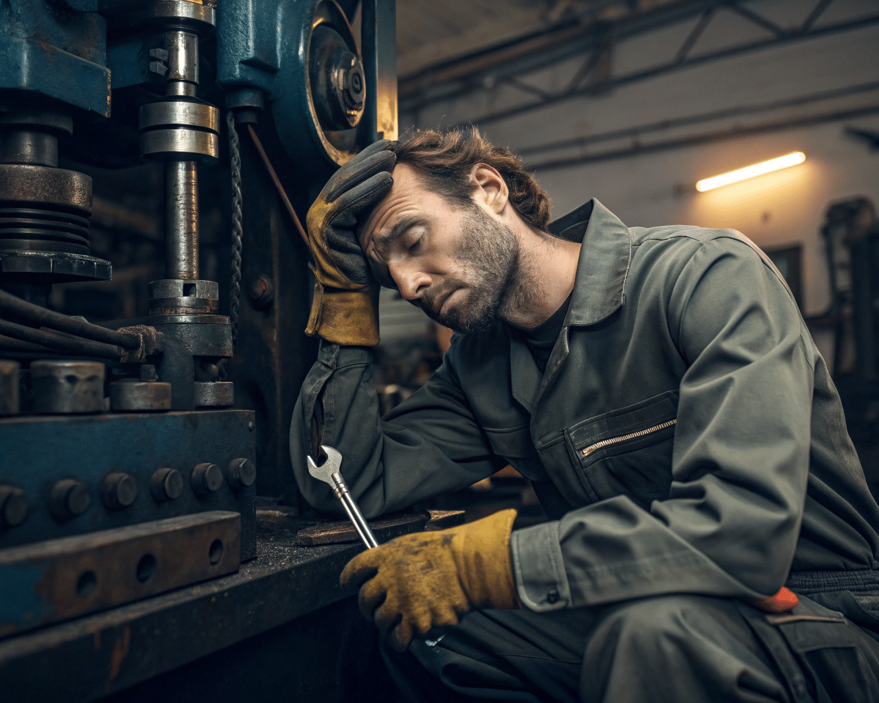 A Technician With Greasy Hands Working Inside A Complex Machine, Looking Frustrated.
