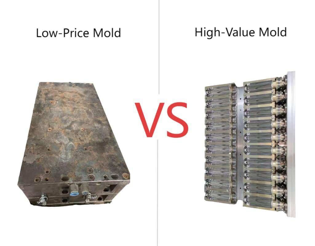 A Rusty, Low-Quality Blow Mold Contrasted With A Shiny, High-Quality One.