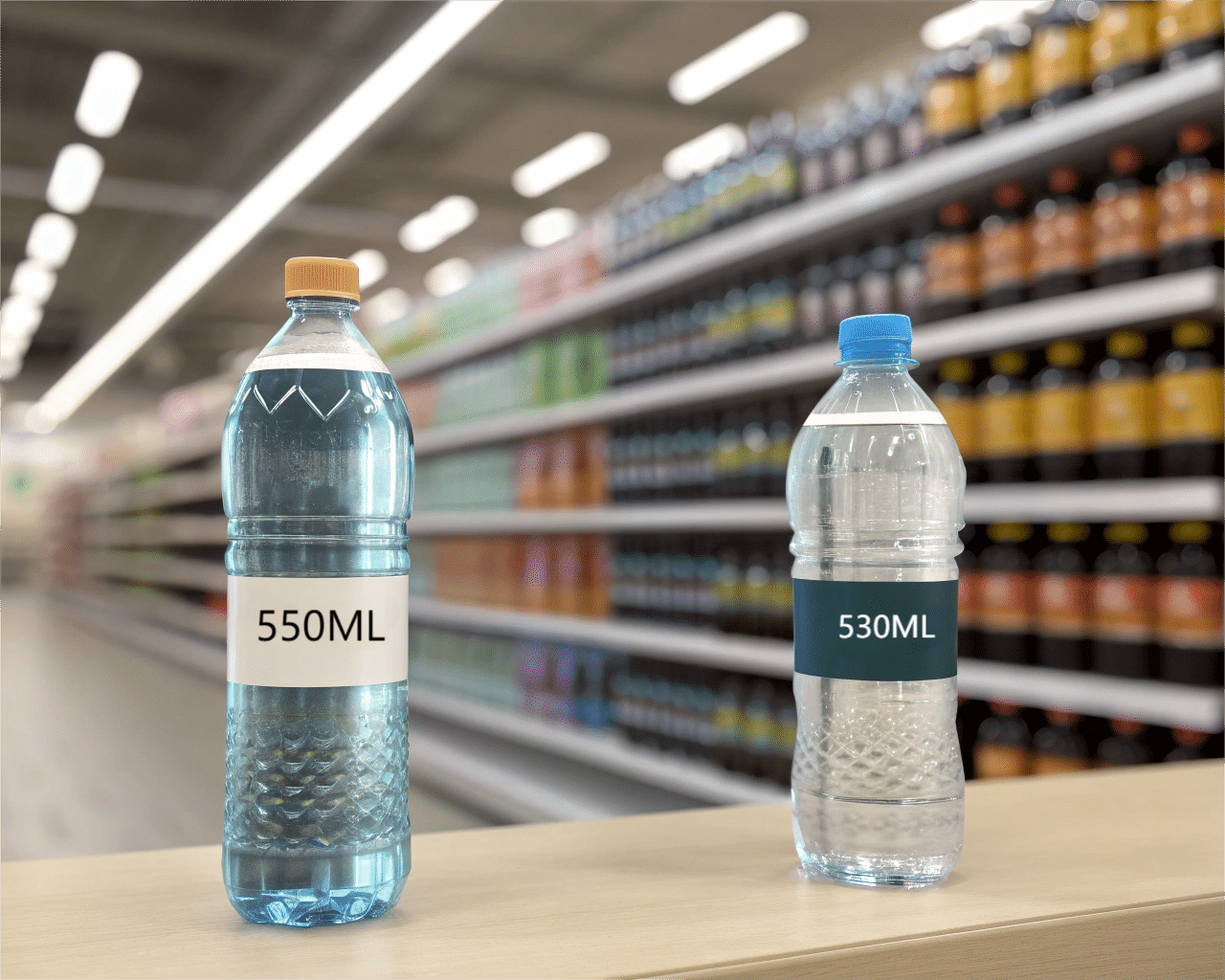 Different Capacity Water Bottles On A Shelf
