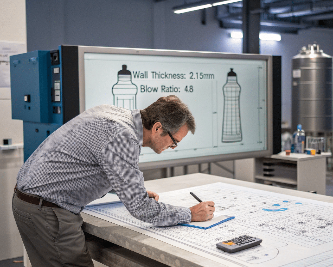 An Engineer Making Calculations On A Blueprint
