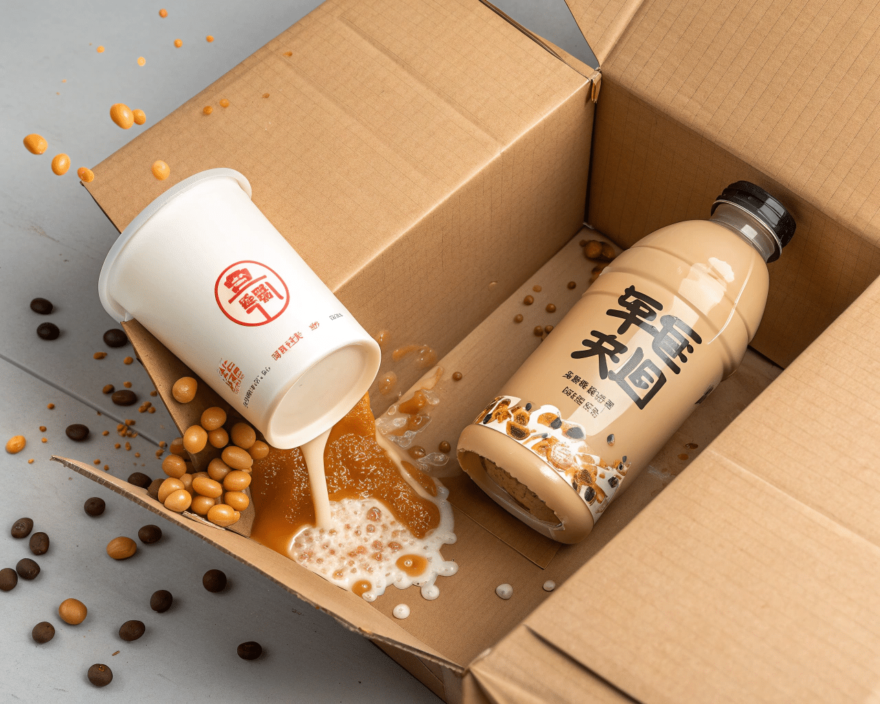 A Delivery Driver'S Bag Shows A Spilled Drink In A Traditional Cup Next To A Perfectly Intact Drink In A Pet Bottle.